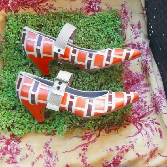 MIU MIU Y2k Orange  Brown Basketweave Italy  Leather Mary Janes Shoes 39 8.5 Euc - Picture 4 of 16